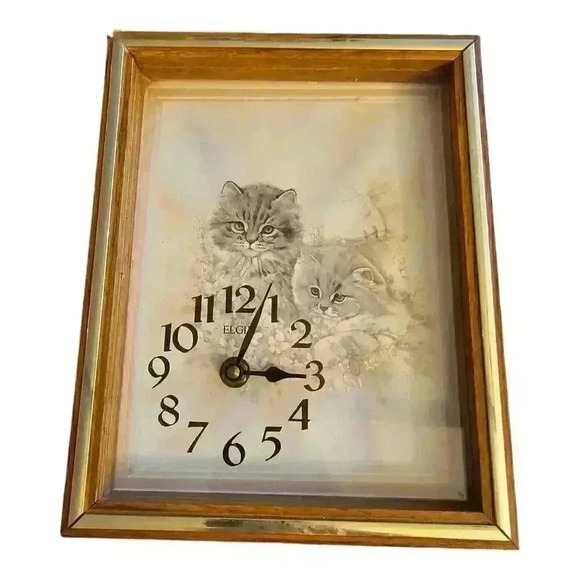 Elgin Wall Clock Wood Frame Battery Operated Cats Vintage Works - Picture 1 of 4